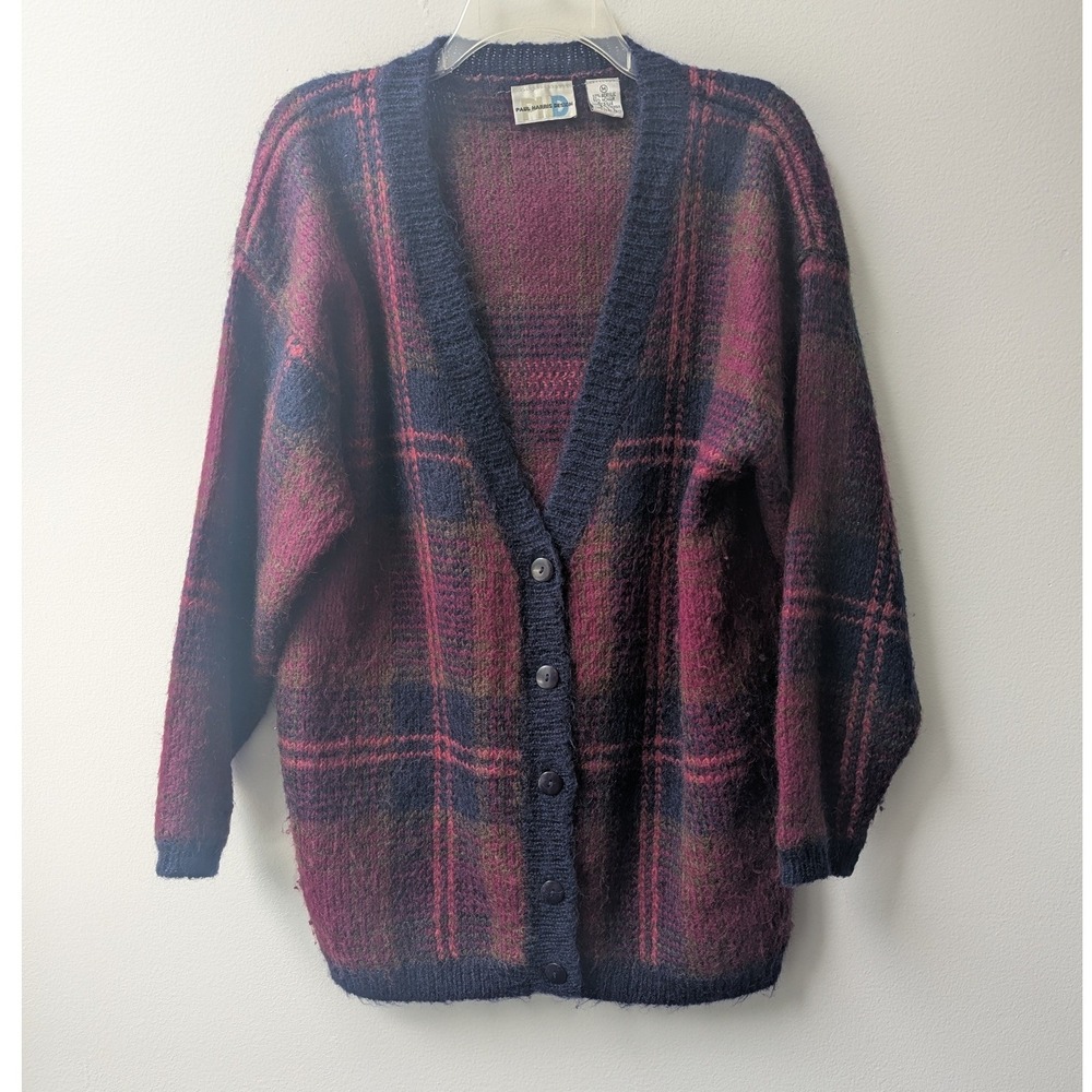 Vtg 90s V-Neck Cardigan Purple Plaid Mohair Blend Sz M Cozy Cabincore Grunge